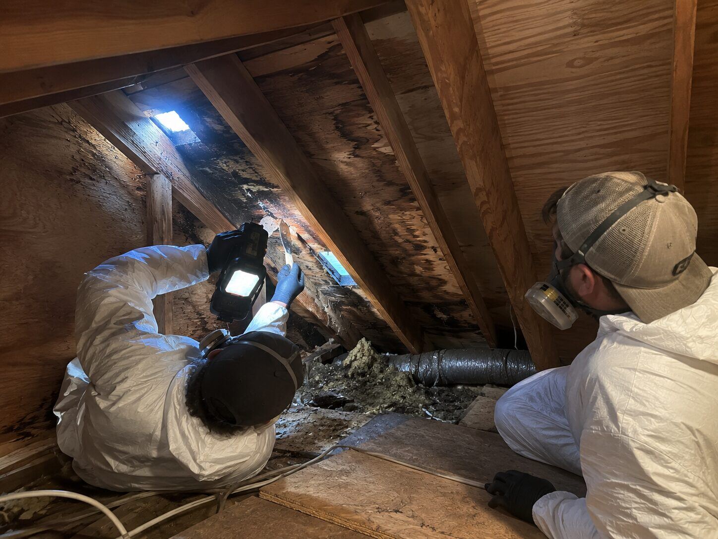 Crew inspecting the underside of a roof leak from inside the attic