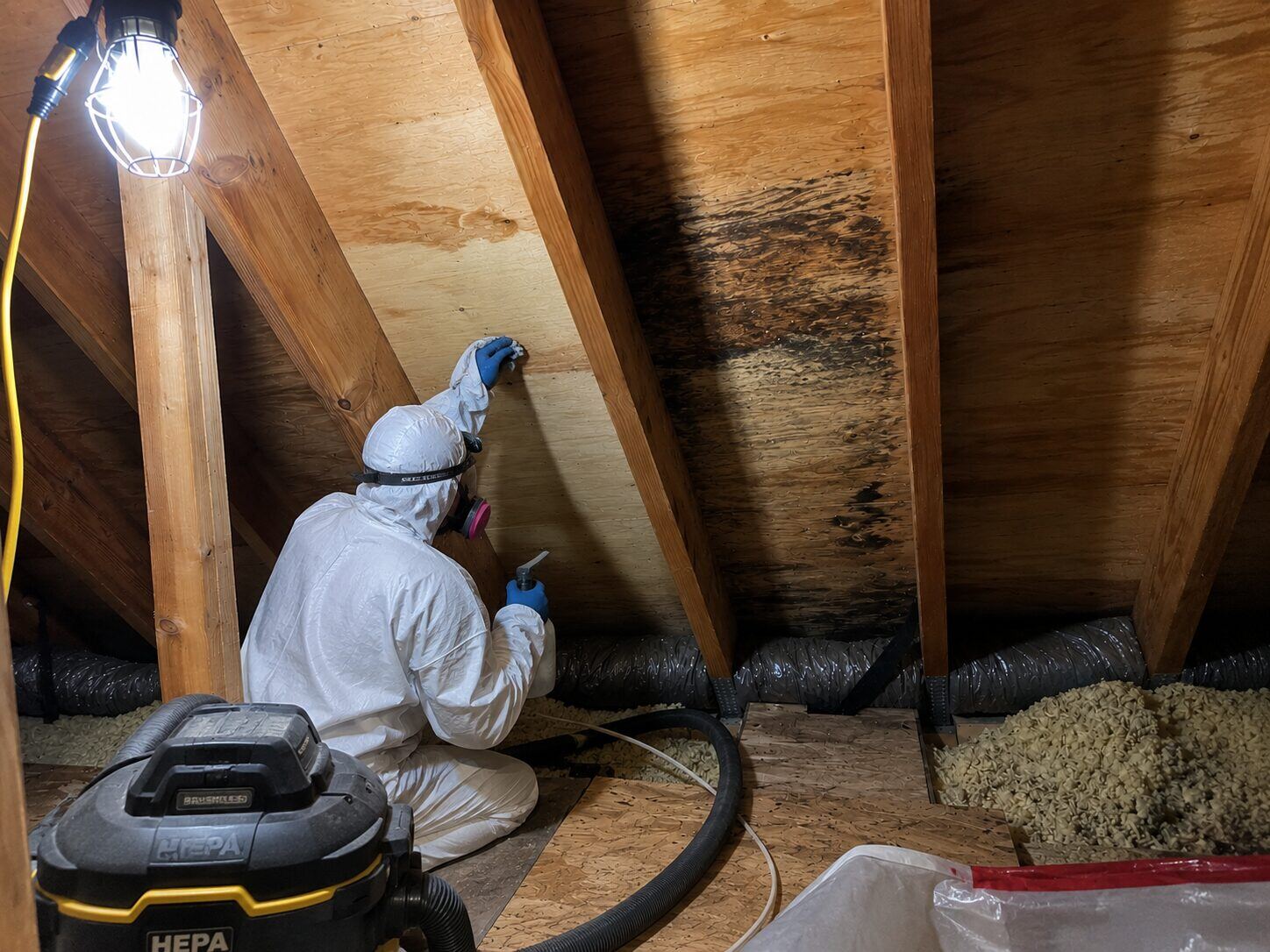 Technician treating attic mold growth on the roof deck