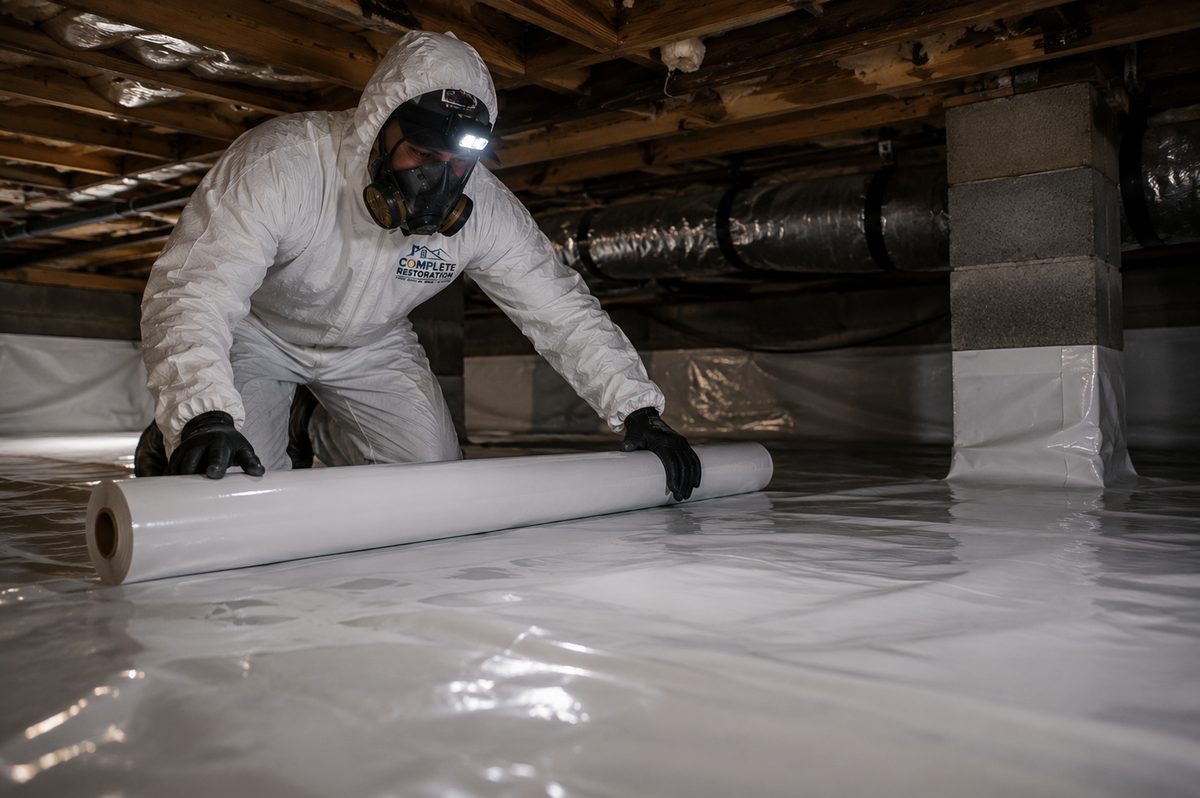 Crawlspace vapor barrier installation