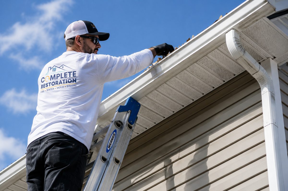 Complete Restoration crew member cleaning gutters