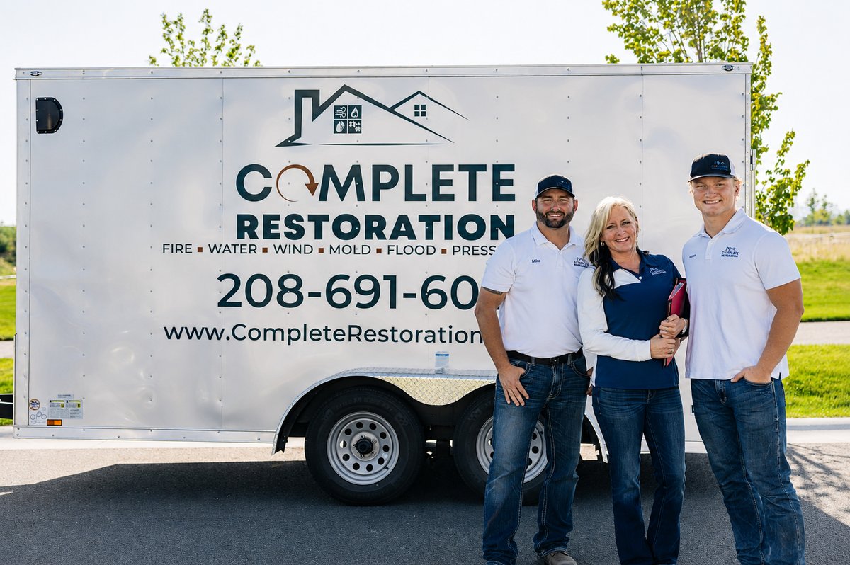 The Complete Restoration team — Mike, Nikole, and Mason Cummings in front of their truck
